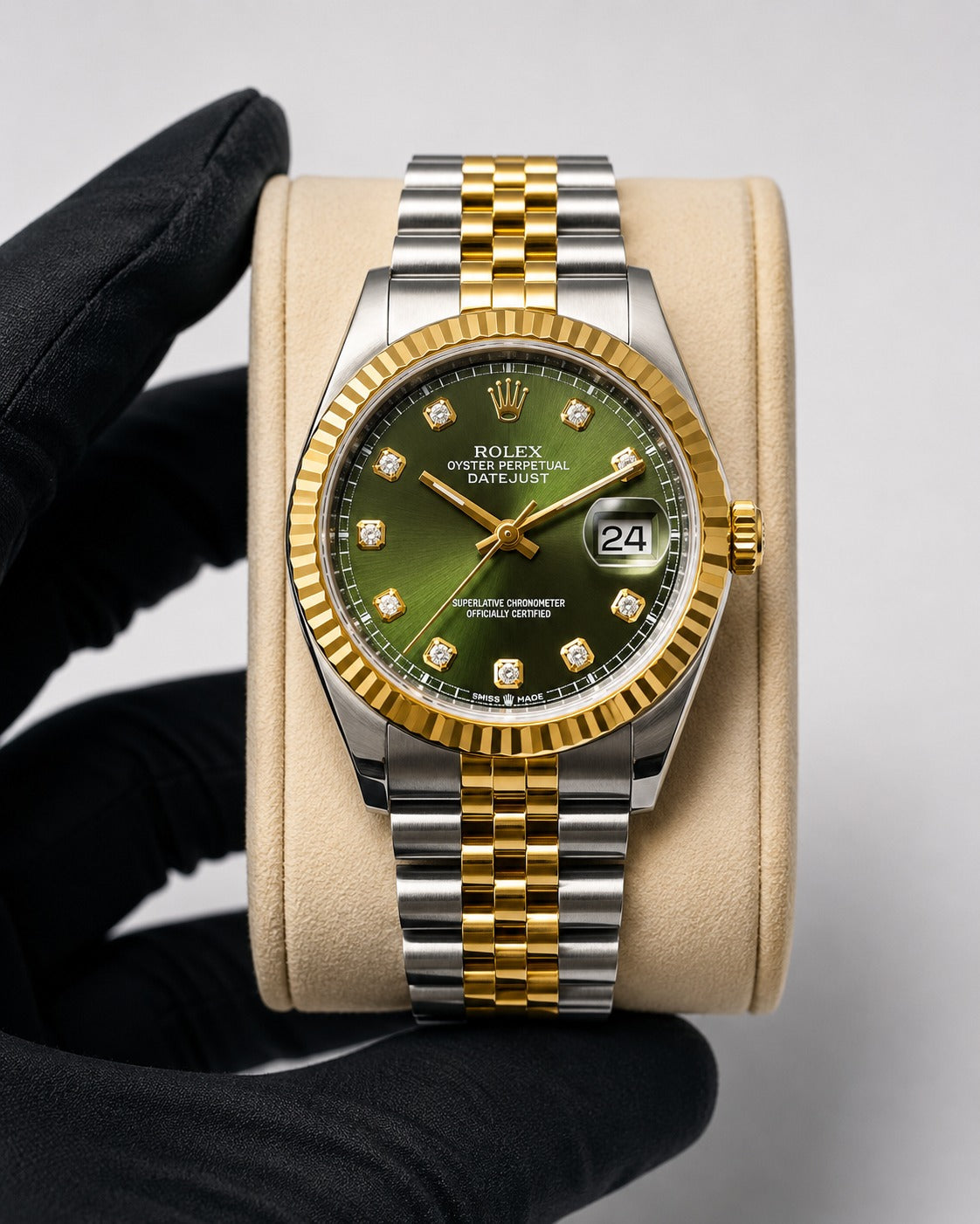 Rolex Oyster Perpetual Datejust 36 – Green Sunburst Dial | Diamond Hour Markers | Yellow Rolesor Jubilee Bracelet