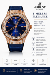 Hublot Genève Luxury Quartz Watch – Rose Gold Crystal Bezel | Blue Sunburst Dial | Premium Leather Strap