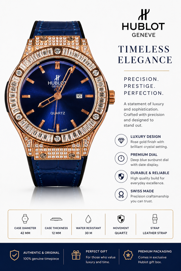 Hublot Genève Luxury Quartz Watch – Rose Gold Crystal Bezel | Blue Sunburst Dial | Premium Leather Strap