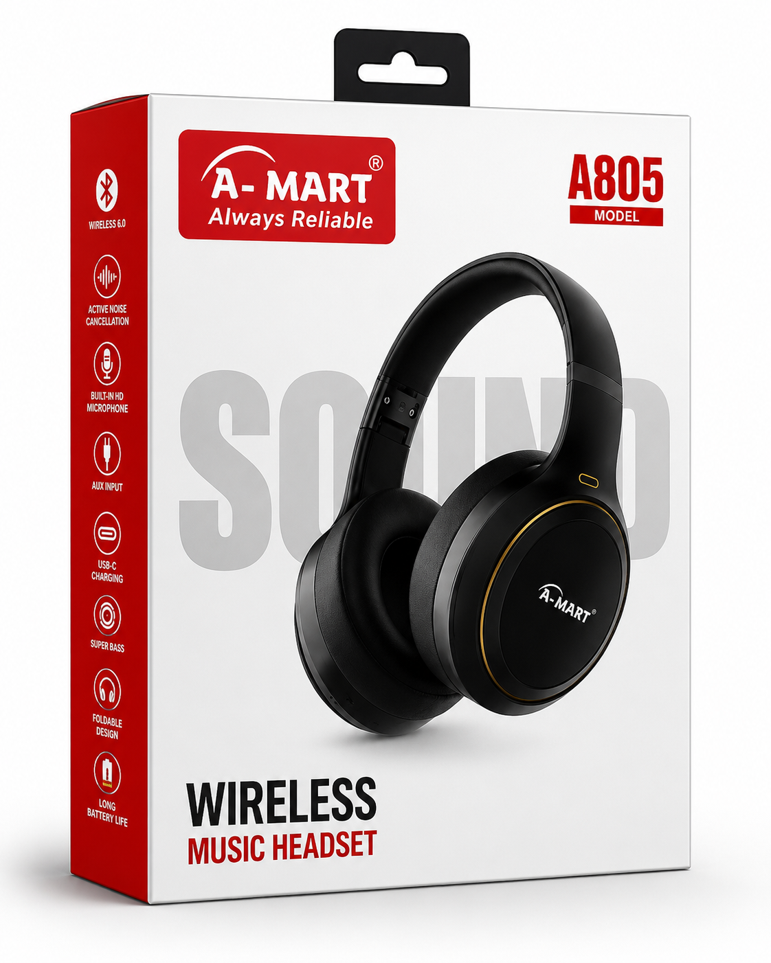 A-MART A805 Wireless Bluetooth 6.0 Over-Ear Headphones | Active Noise Cancellation | HD Microphone | Deep Bass | Foldable | Up to 10 Hours Battery