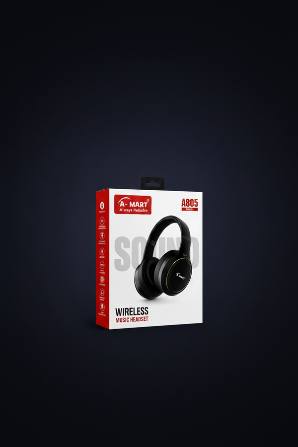A-MART A805 Wireless Bluetooth 6.0 Over-Ear Headphones | Active Noise Cancellation | HD Microphone | Deep Bass | Foldable | Up to 10 Hours Battery