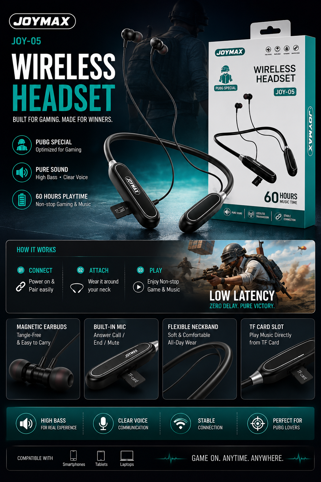 JOYMAX JOY-05 Wireless Bluetooth Neckband Earphones – 60H Battery | Low Latency Gaming Mode | Built-in Mic | Magnetic Earbuds | TF Card Support