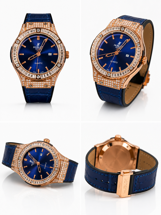 Hublot Genève Luxury Quartz Watch – Rose Gold Crystal Bezel | Blue Sunburst Dial | Premium Leather Strap