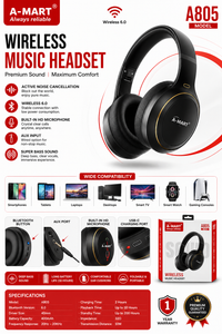 A-MART A805 Wireless Bluetooth 6.0 Over-Ear Headphones | Active Noise Cancellation | HD Microphone | Deep Bass | Foldable | Up to 10 Hours Battery