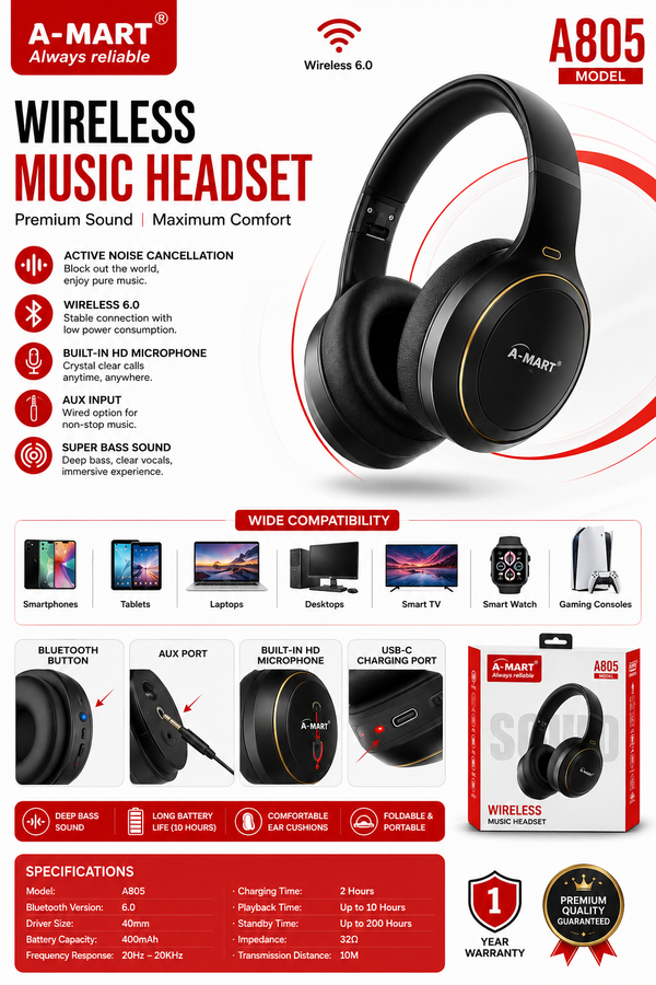 A-MART A805 Wireless Bluetooth 6.0 Over-Ear Headphones | Active Noise Cancellation | HD Microphone | Deep Bass | Foldable | Up to 10 Hours Battery