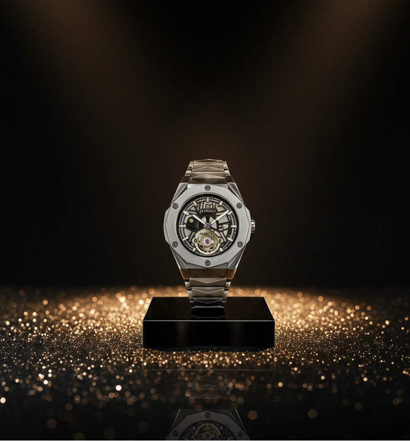 TIMAS Silver Skeleton Automatic Mechanical Watch – Luxury Stainless Steel Wristwatch with Integrated Bracelet, Open-Heart Tourbillon Style Dial & Sapphire Crystal