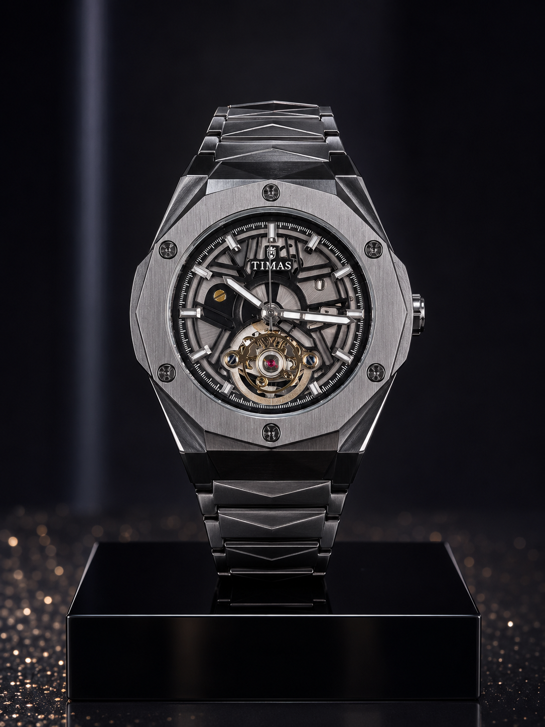TIMAS Silver Skeleton Automatic Mechanical Watch – Luxury Stainless Steel Wristwatch with Integrated Bracelet, Open-Heart Tourbillon Style Dial & Sapphire Crystal