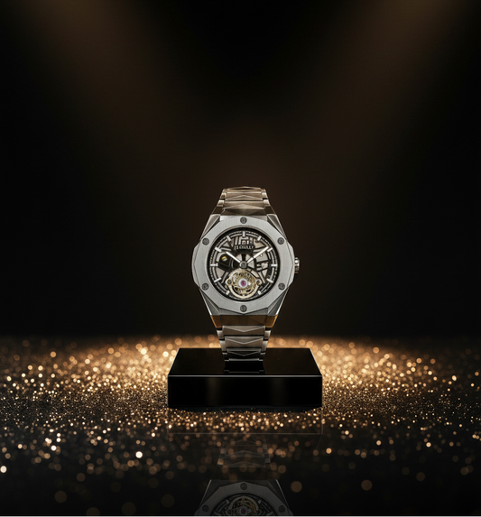 TIMAS Silver Skeleton Automatic Mechanical Watch – Luxury Stainless Steel Wristwatch with Integrated Bracelet, Open-Heart Tourbillon Style Dial & Sapphire Crystal