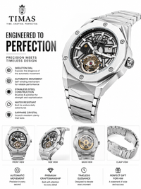 TIMAS Silver Skeleton Automatic Mechanical Watch – Luxury Stainless Steel Wristwatch with Integrated Bracelet, Open-Heart Tourbillon Style Dial & Sapphire Crystal