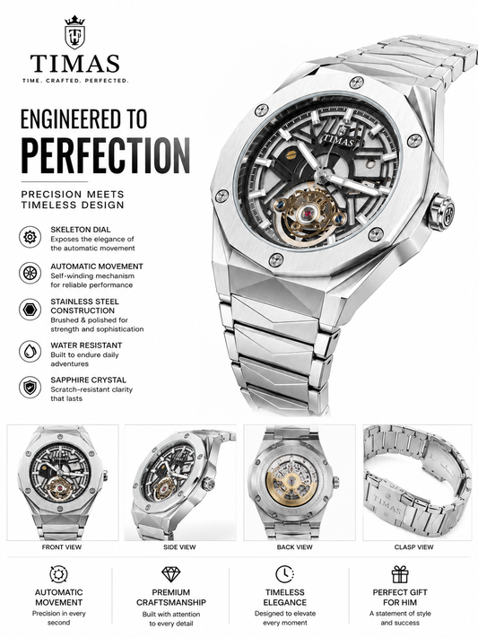TIMAS Silver Skeleton Automatic Mechanical Watch – Luxury Stainless Steel Wristwatch with Integrated Bracelet, Open-Heart Tourbillon Style Dial & Sapphire Crystal
