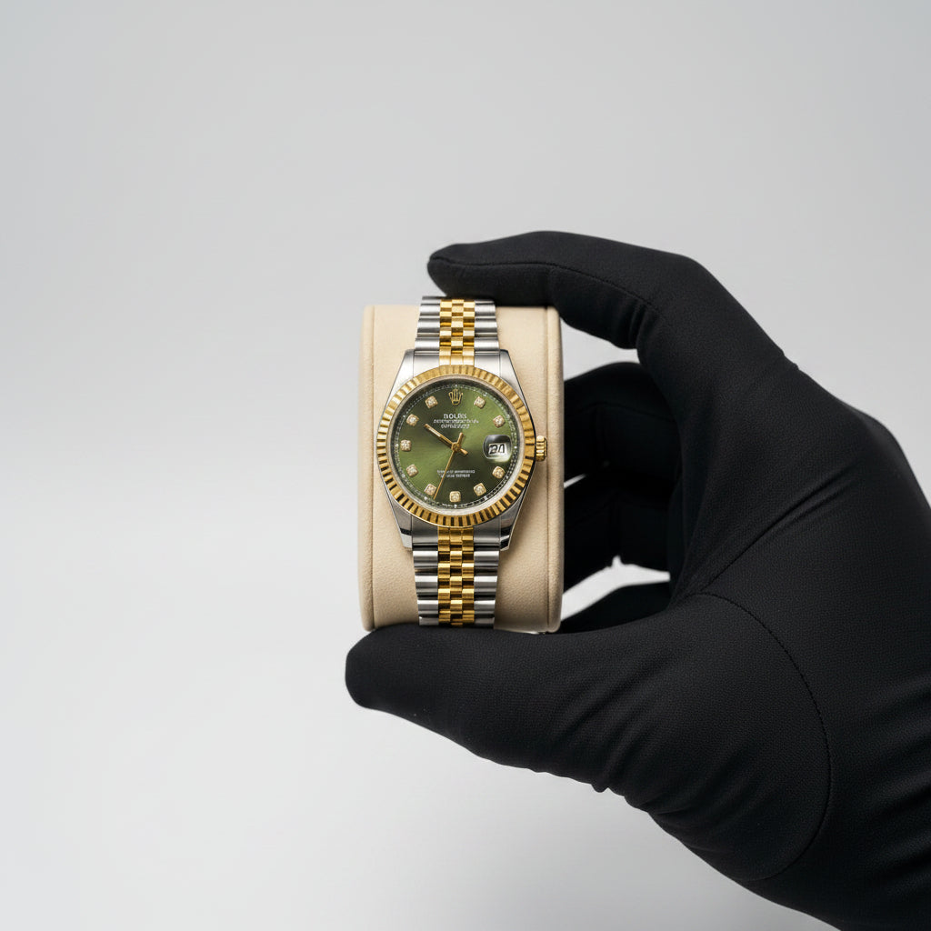 Rolex Oyster Perpetual Datejust 36 – Green Sunburst Dial | Diamond Hour Markers | Yellow Rolesor Jubilee Bracelet