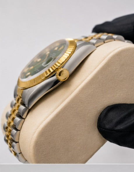 Rolex Oyster Perpetual Datejust 36 – Green Sunburst Dial | Diamond Hour Markers | Yellow Rolesor Jubilee Bracelet