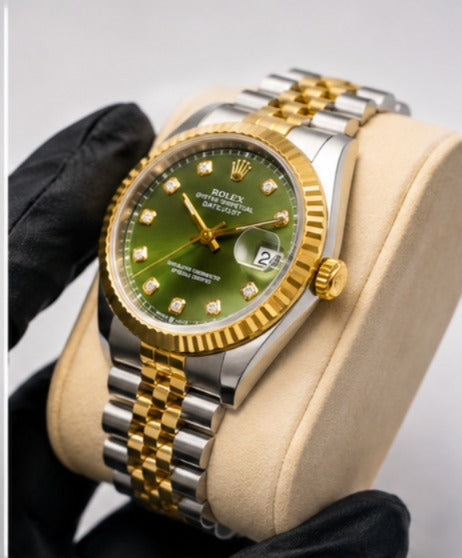 Rolex Oyster Perpetual Datejust 36 – Green Sunburst Dial | Diamond Hour Markers | Yellow Rolesor Jubilee Bracelet
