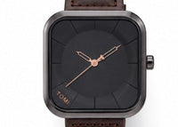 TOMI Urban Square Minimalist Watch – Matte Black Dial | Gunmetal Case | Brown Genuine Leather Strap