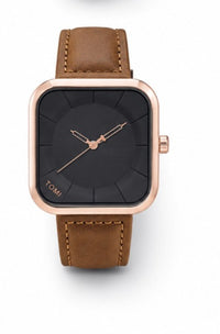 TOMI Urban Square Minimalist Watch – Matte Black Dial | Gunmetal Case | Brown Genuine Leather Strap
