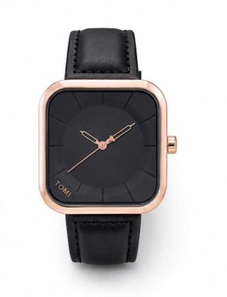 TOMI Urban Square Minimalist Watch – Matte Black Dial | Gunmetal Case | Brown Genuine Leather Strap