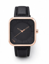 TOMI Urban Square Minimalist Watch – Matte Black Dial | Gunmetal Case | Brown Genuine Leather Strap