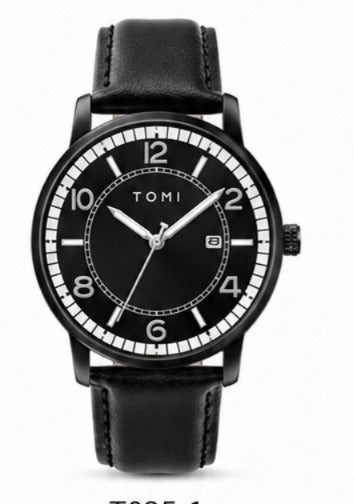 TOMI Classic Noir Quartz Watch – Black Dial | Rose Gold Accents | Brown Genuine Leather Strap