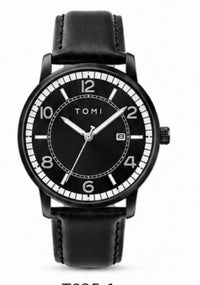 TOMI Classic Noir Quartz Watch – Black Dial | Rose Gold Accents | Brown Genuine Leather Strap