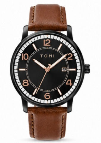 TOMI Classic Noir Quartz Watch – Black Dial | Rose Gold Accents | Brown Genuine Leather Strap