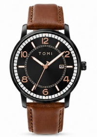 TOMI Classic Noir Quartz Watch – Black Dial | Rose Gold Accents | Brown Genuine Leather Strap