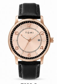TOMI Classic Noir Quartz Watch – Black Dial | Rose Gold Accents | Brown Genuine Leather Strap