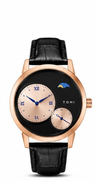 TOMI Lunar Dual Dial Moonphase Watch – Rose Gold & Black Leather