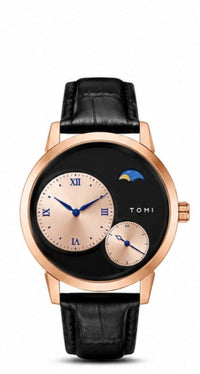 TOMI Lunar Dual Dial Moonphase Watch – Rose Gold & Black Leather