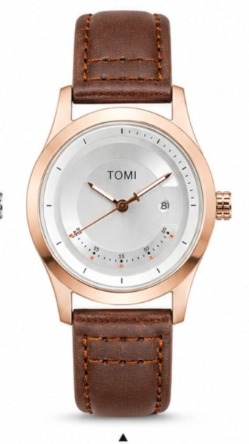 TOMI Heritage Rose Gold Minimalist Dress Watch – Silver Sunburst Dial | Genuine Brown Leather Strap