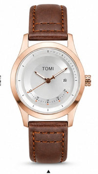 TOMI Heritage Rose Gold Minimalist Dress Watch – Silver Sunburst Dial | Genuine Brown Leather Strap
