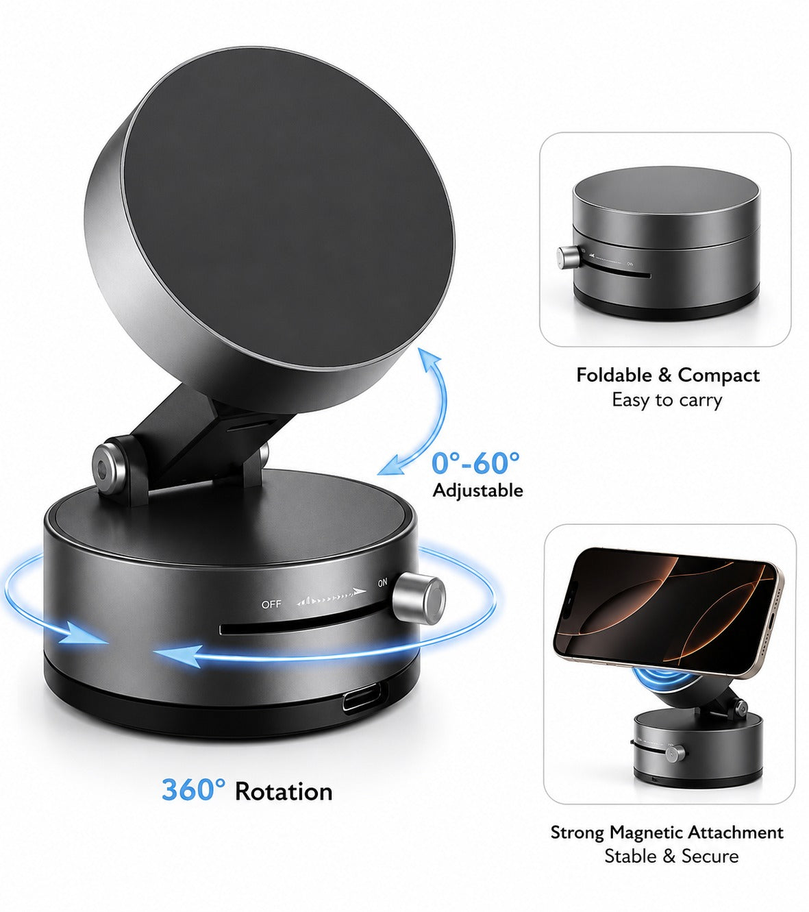 360° Foldable Magnetic Wireless Charging Stand – Adjustable Aluminum Desktop Phone Charger