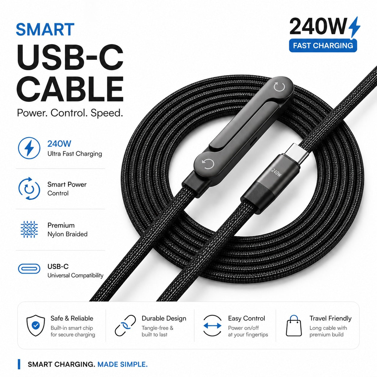 240W Smart USB-C Fast Charging Cable with Power Control & Premium Braided Design