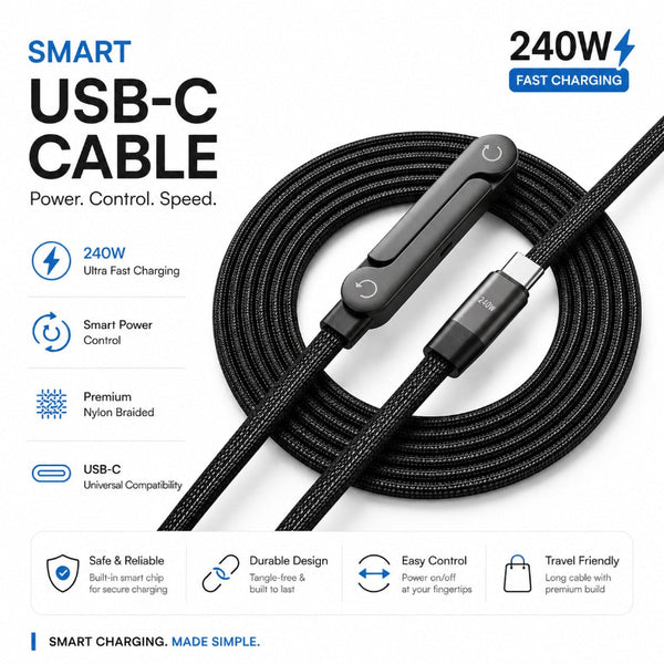 240W Smart USB-C Fast Charging Cable with Power Control & Premium Braided Design