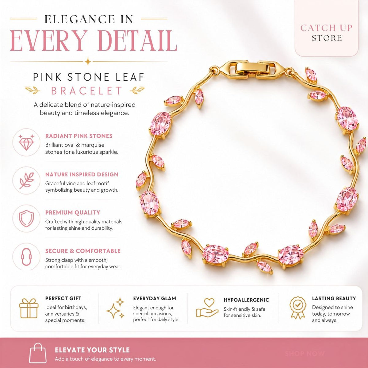 Pink Stone Tulip Bracelet – Nature-Inspired Luxury Jewelry