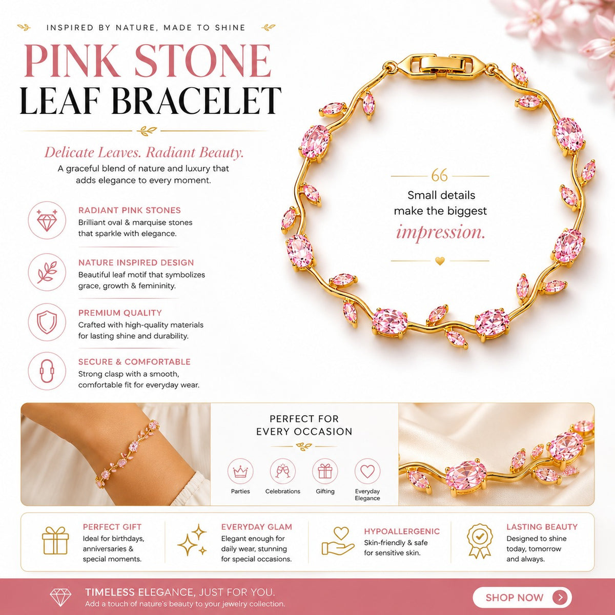 Pink Stone Tulip Bracelet – Nature-Inspired Luxury Jewelry