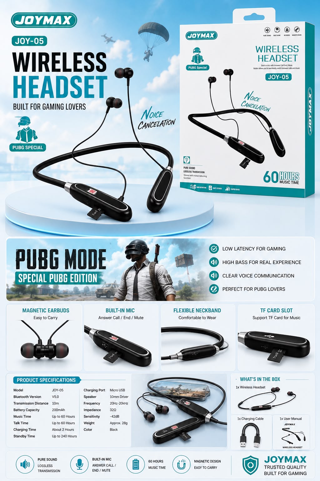 JOYMAX JOY-05 Wireless Bluetooth Neckband Earphones – 60H Battery | Low Latency Gaming Mode | Built-in Mic | Magnetic Earbuds | TF Card Support