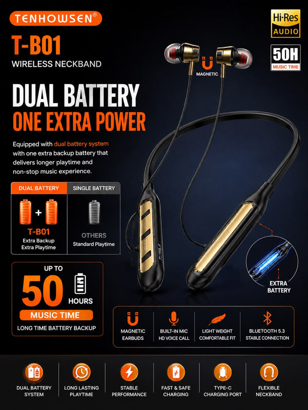 TENHOWSEN T-B01 Wireless Bluetooth Neckband – Dual Battery | 50 Hours Music Time | Magnetic Earbuds | Bluetooth 5.3 | Type-C Fast Charging | Hi-Res Audio